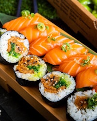 japanese sushi on a wooden tray